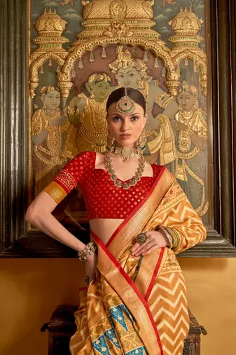 musturd patola silk blend saree with traditional motifs & zari/contrast border | unstitched blouse