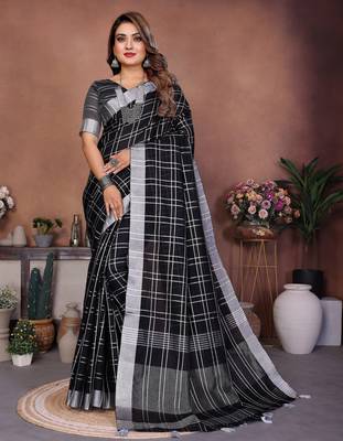 black linen cotton woven checks trendy ethnic saree 1