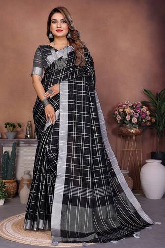black color linen cotton fabric woven checks designer trendy ethnic saree