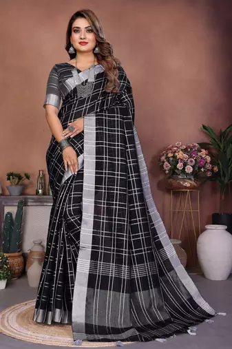 black color linen cotton fabric woven checks designer trendy ethnic saree