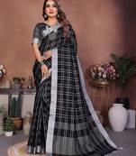 black color linen cotton fabric woven checks trendy ethnic saree