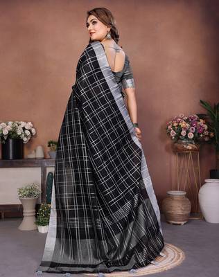 black linen cotton woven checks trendy ethnic saree 3