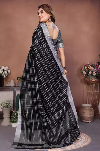 black linen cotton woven checks trendy ethnic saree