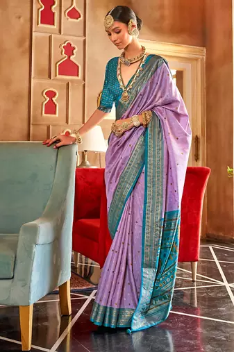 regal lavender teal banarasi patola saree with unstitch blouse