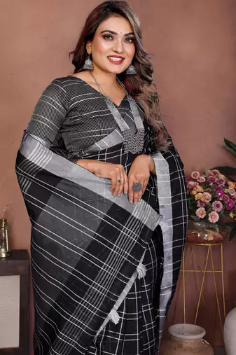 black linen cotton woven checks trendy ethnic saree