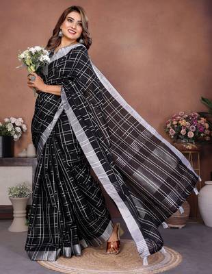 black linen cotton woven checks trendy ethnic saree 5