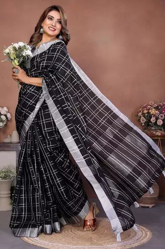 black linen cotton woven checks trendy ethnic saree