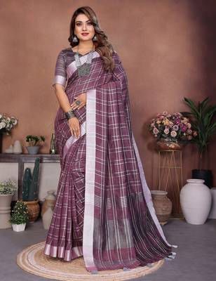 purple linen cotton woven checks trendy ethnic saree 1