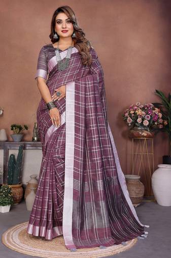 purple color linen cotton fabric woven checks designer trendy ethnic saree