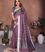 purple color linen cotton fabric woven checks trendy ethnic saree