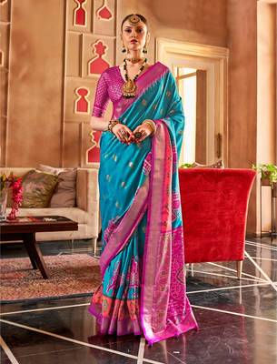 majestic turquoise rani banarasi patola saree with unstitch blouse 1