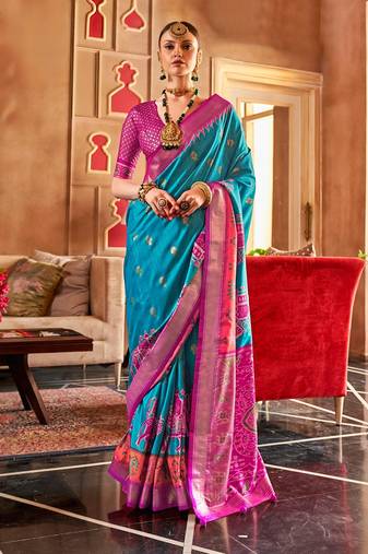 majestic turquoise rani banarasi patola saree with unstitch blouse