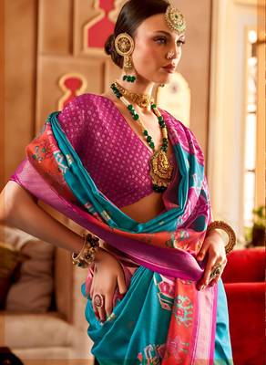majestic turquoise rani banarasi patola saree with unstitch blouse 2