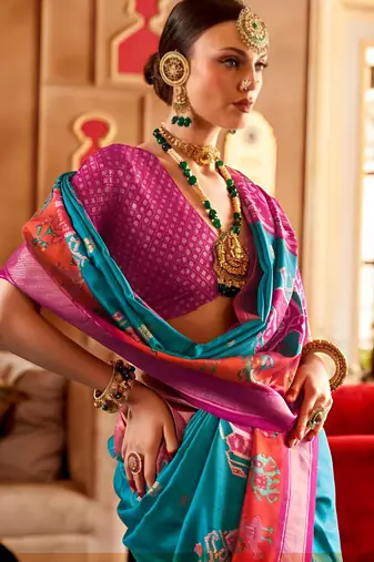 majestic turquoise rani banarasi patola saree with unstitch blouse