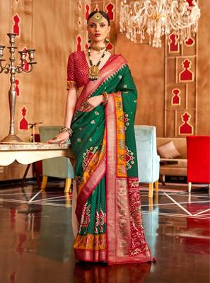 red and green banarasi patola saree with unstitch blouse  1