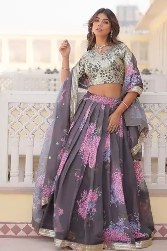 Grey Color Russian silk blend Printed Sequins Work Lehenga Choli With Dupatta
