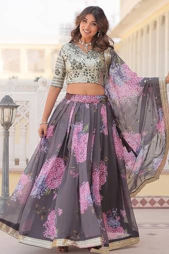 Grey Color Russian Silk Printed Sequins Work Lehenga Choli With Dupatta