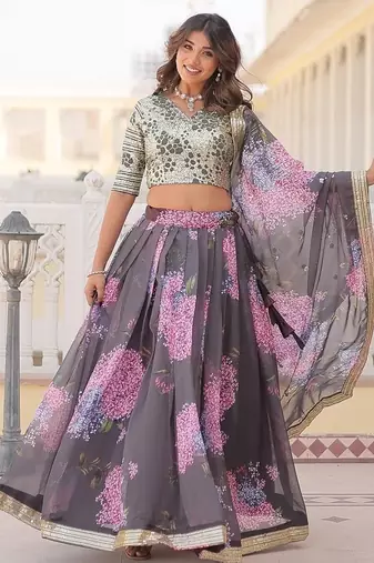 Grey Color Russian Silk Printed Sequins Work Lehenga Choli With Dupatta