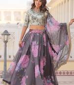 Grey Color Russian Silk Printed Sequins Work Lehenga Choli With Dupatta