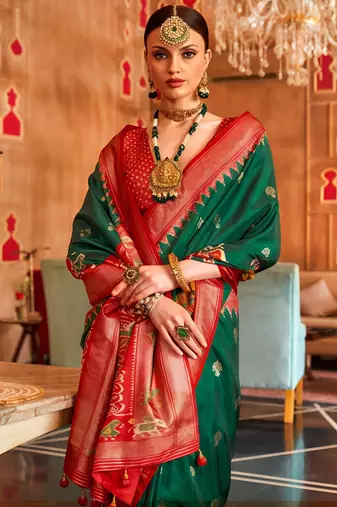 red and green banarasi patola saree with unstitch blouse 