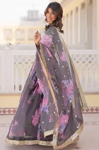 Grey Color Russian silk blend Printed Sequins Work Lehenga Choli With Dupatta