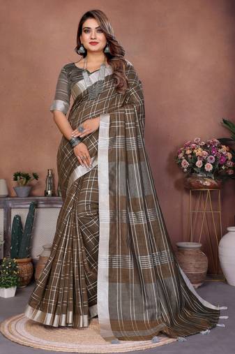 brown color linen cotton fabric woven checks designer trendy ethnic saree