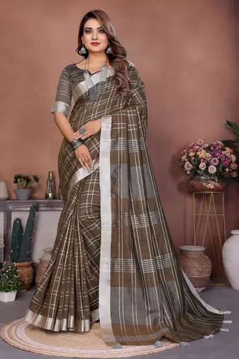 brown color linen cotton fabric woven checks designer trendy ethnic saree