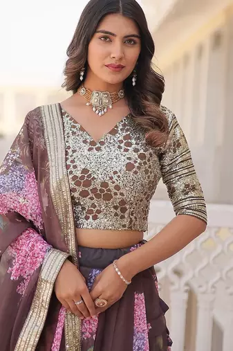 Coffee Color Russian silk blend Printed Sequins Work Lehenga Choli With Dupatta