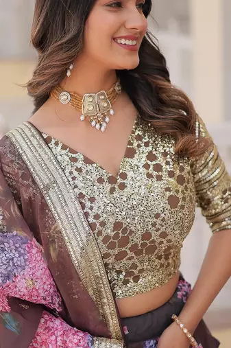 Coffee Color Russian silk blend Printed Sequins Work Lehenga Choli With Dupatta