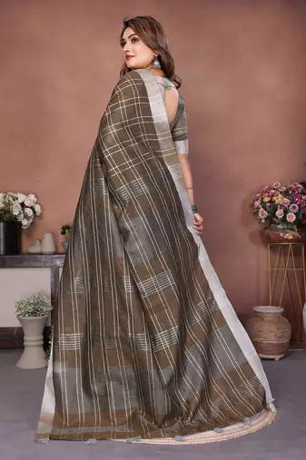 brown linen cotton woven checks trendy ethnic saree