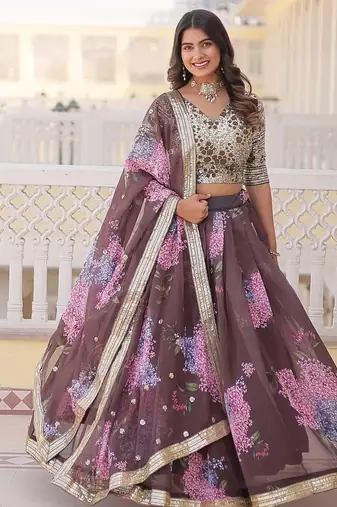 Coffee Color Russian Silk Printed Sequins Work Lehenga Choli With Dupatta