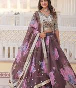 Coffee Color Russian Silk Printed Sequins Work Lehenga Choli With Dupatta