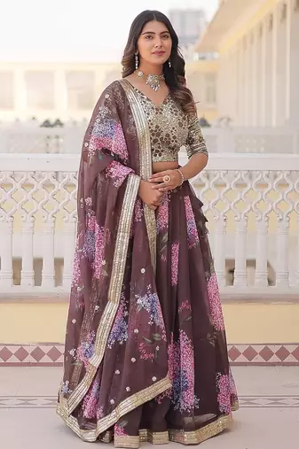 Coffee Color Russian silk blend Printed Sequins Work Lehenga Choli With Dupatta