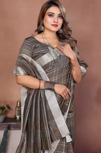 brown linen cotton woven checks trendy ethnic saree