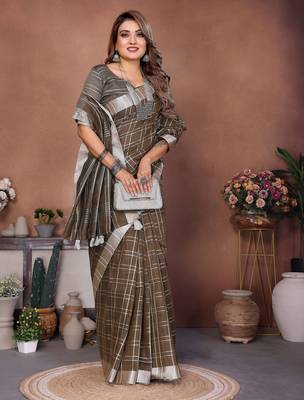 brown linen cotton woven checks trendy ethnic saree 5