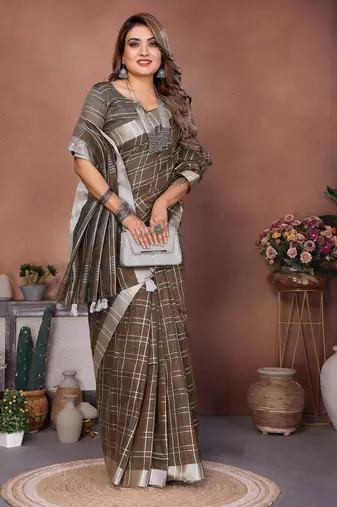 brown linen cotton woven checks trendy ethnic saree