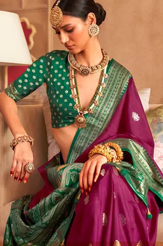 wine   banarasi patola saree with unstitch blouse