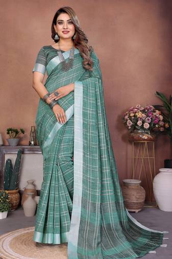 green color linen cotton fabric woven checks designer trendy ethnic saree