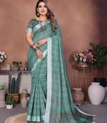 green color linen cotton fabric woven checks trendy ethnic saree