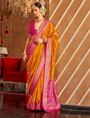 musturd banarasi patola saree with unstitch blouse 1