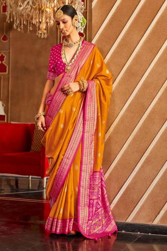 musturd banarasi patola saree with unstitch blouse