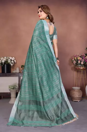 green linen cotton woven checks trendy ethnic saree