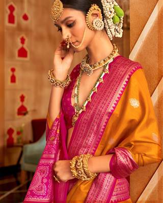 musturd banarasi patola saree with unstitch blouse 2