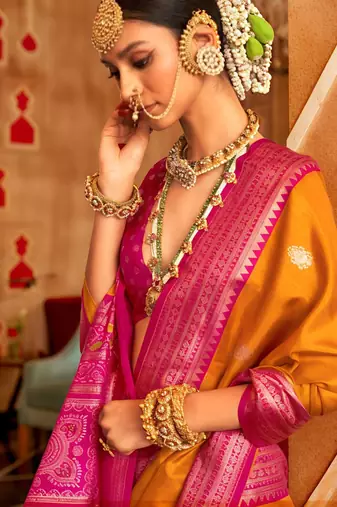 musturd banarasi patola saree with unstitch blouse