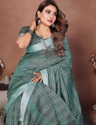 green linen cotton woven checks trendy ethnic saree 4