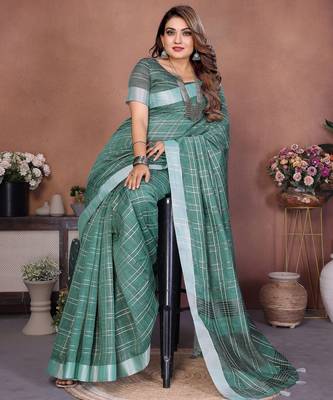 green linen cotton woven checks trendy ethnic saree 5