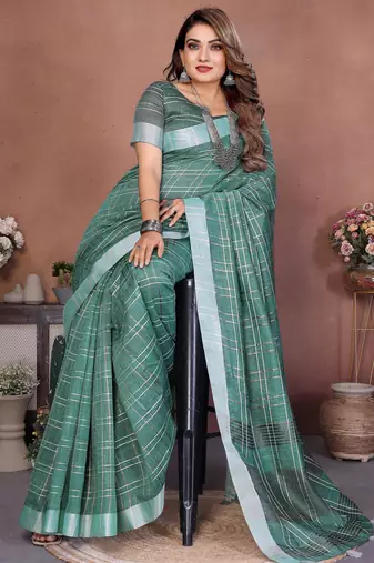green linen cotton woven checks trendy ethnic saree