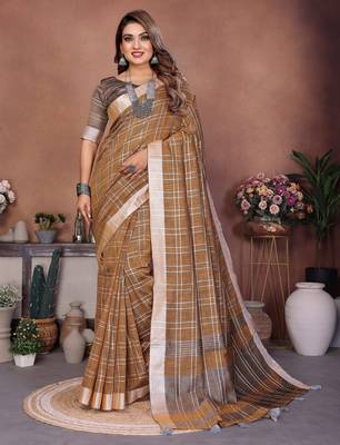 mustard linen cotton woven checks trendy ethnic saree 1