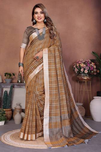 mustard color linen cotton fabric woven checks designer trendy ethnic saree
