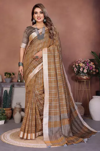 mustard color linen cotton fabric woven checks designer trendy ethnic saree